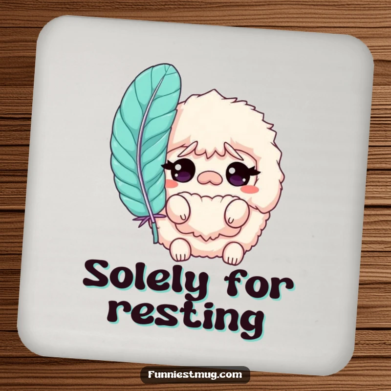 Funny Slipper Coaster featuring a bewildered fluffy slipper character, designed to protect surfaces with a humorous visual.