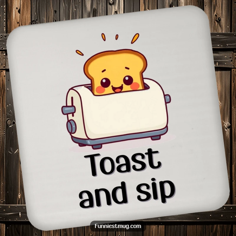 Funny Drink Coaster featuring smiling toast popping out of a toaster with exaggerated surprise, protecting surfaces with humor.