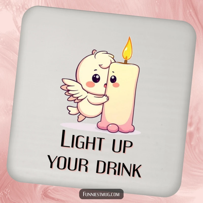 Funny drink coaster featuring a playful winged character gently bumping into a giant birthday candle, looking surprised.