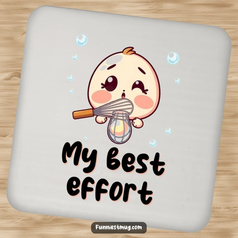 Funny Drink Coaster: Surprised whisk dramatically failing to whisk a single bubble, protecting surfaces with humor.