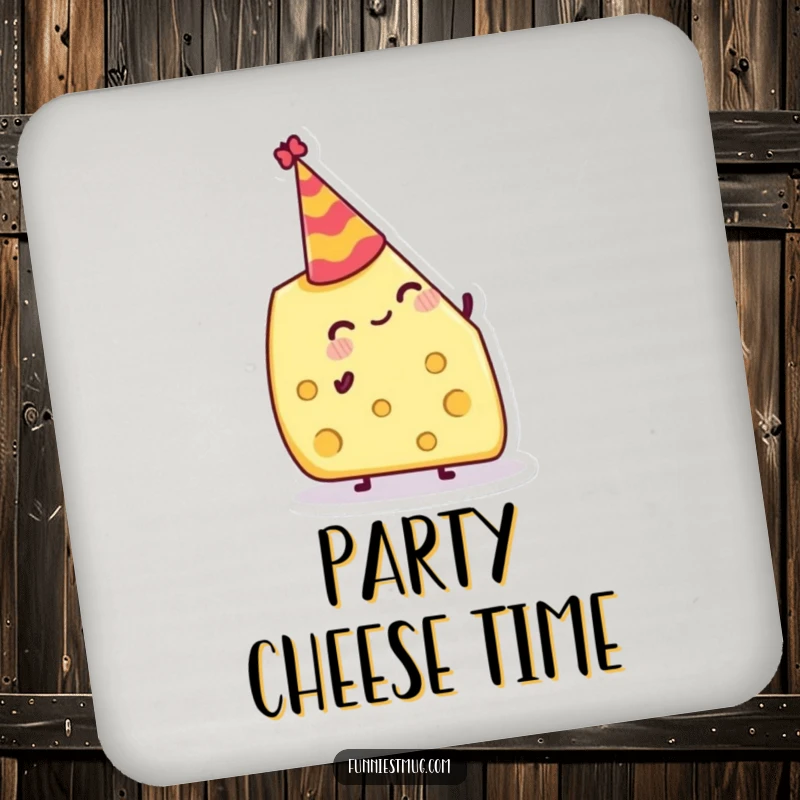 Funny Drink Coaster: Jolly cheese wedge attempting to balance a tiny party hat, bringing cheesy humor to surfaces.