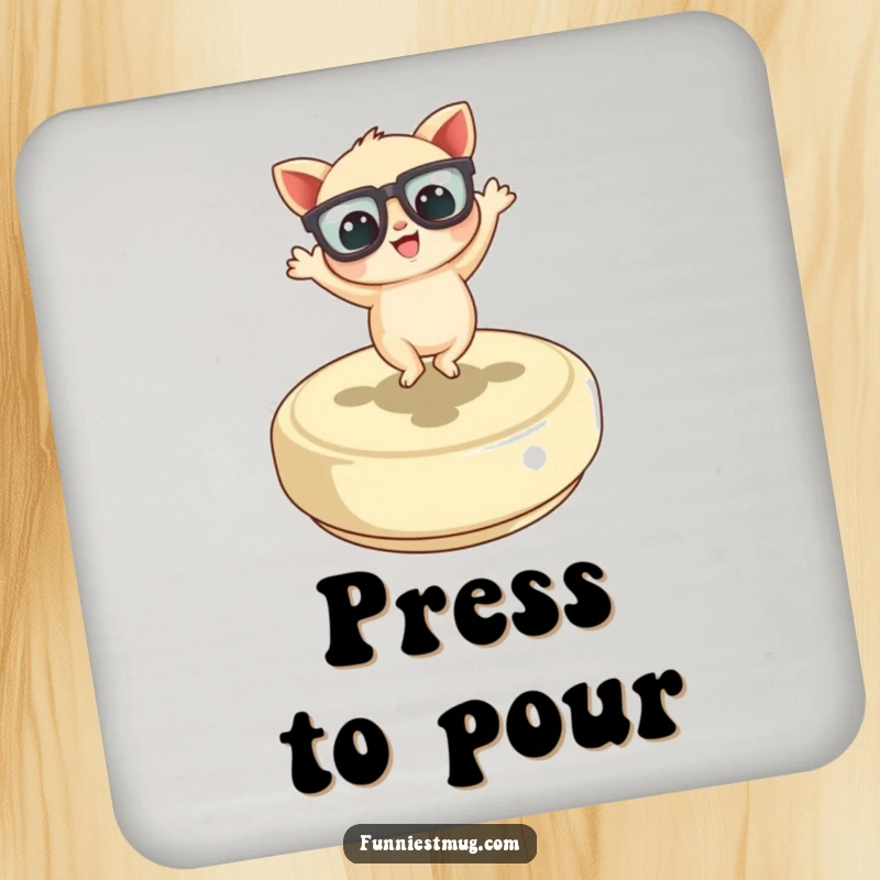 Funny Little Creature Drink Coasters set showing the character with oversized glasses dancing on a button, protecting surfaces with humor.
