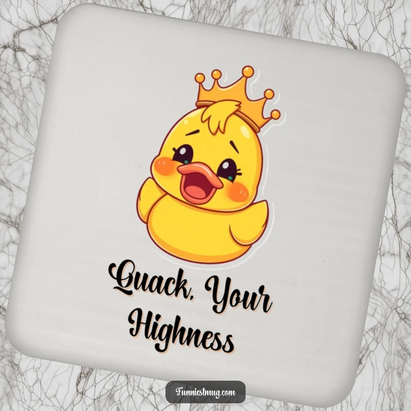 Funny Rubber Ducky Crown Coaster: Decorative coaster with a rubber ducky in a crown, its face showing shocked happiness, a funny touch for any surface.