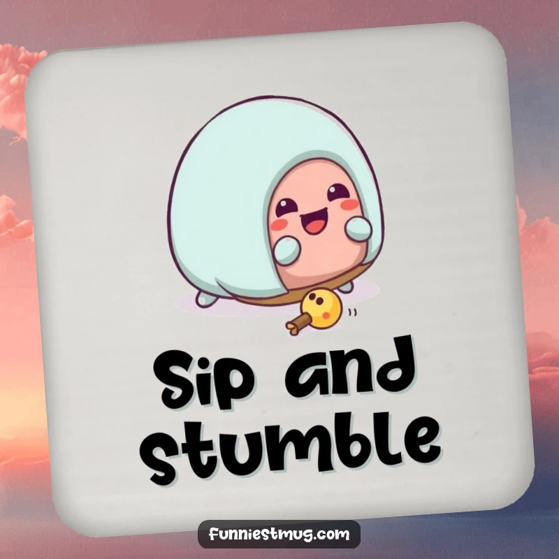 Funny Kawaii house slipper character hilariously tripping over a toy, a durable and humorous drink coaster.