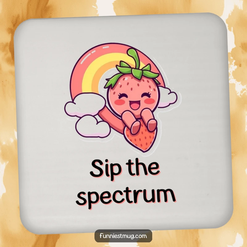 Funny drink coaster showcasing a happy strawberry character sliding down a rainbow, offering surface protection with a side of whimsical fun.