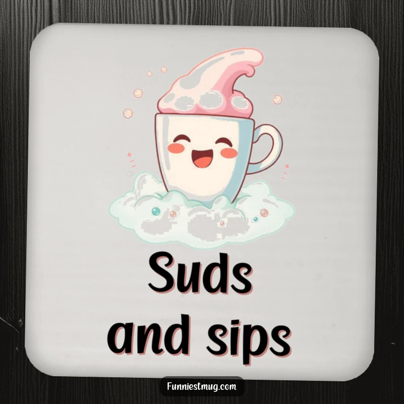 Funny Coffee Bath Spill Drink Coaster: A gleeful coffee cup character spilling colorful foam, protects surfaces humorously.