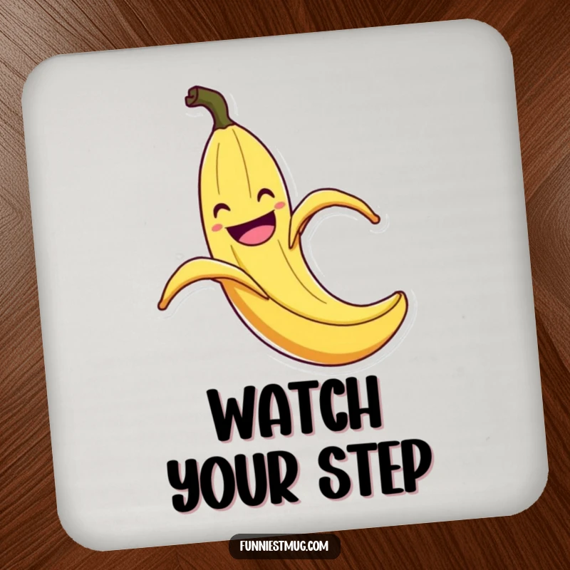 Funny Banana Peel Slip Coaster: Decorative coaster with a grinning banana peel comically slipping with exaggerated flair, a funny touch for any surface.