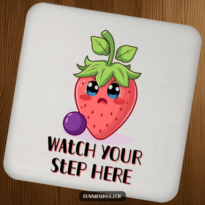 Funny strawberry character slipping on a grape on a drink coaster, protecting surfaces with quirky humor and funny gift potential.