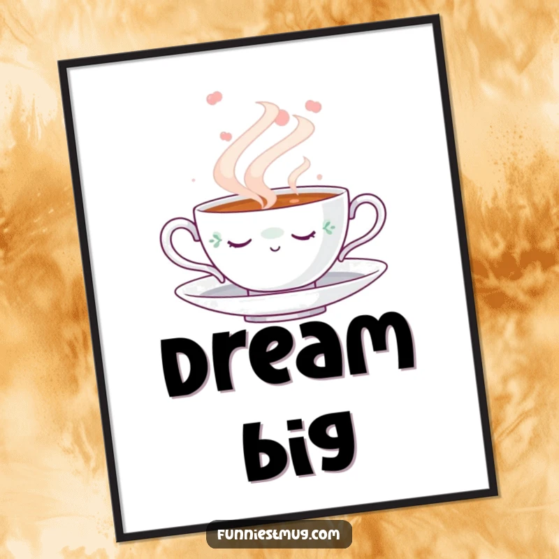 Funny Napping Teacup Poster: Wall art print of a cute teacup peacefully napping amidst a swirling cloud of steam, adding a funny, calming vibe.