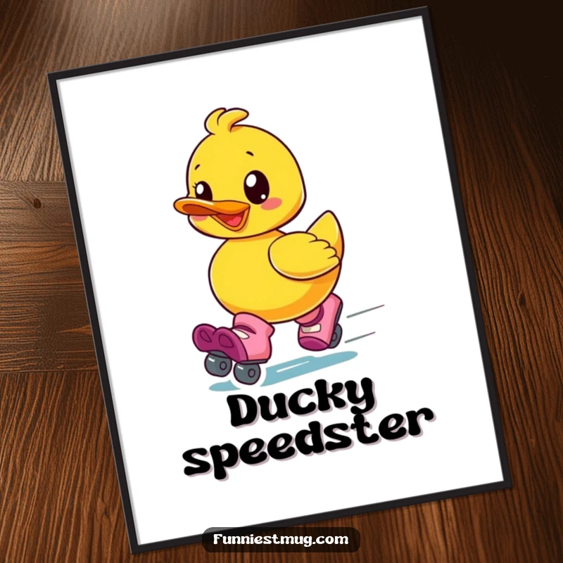 Funny poster showing a gleeful rubber ducky wearing oversized roller skates and speeding away with pure, unbridled joy.