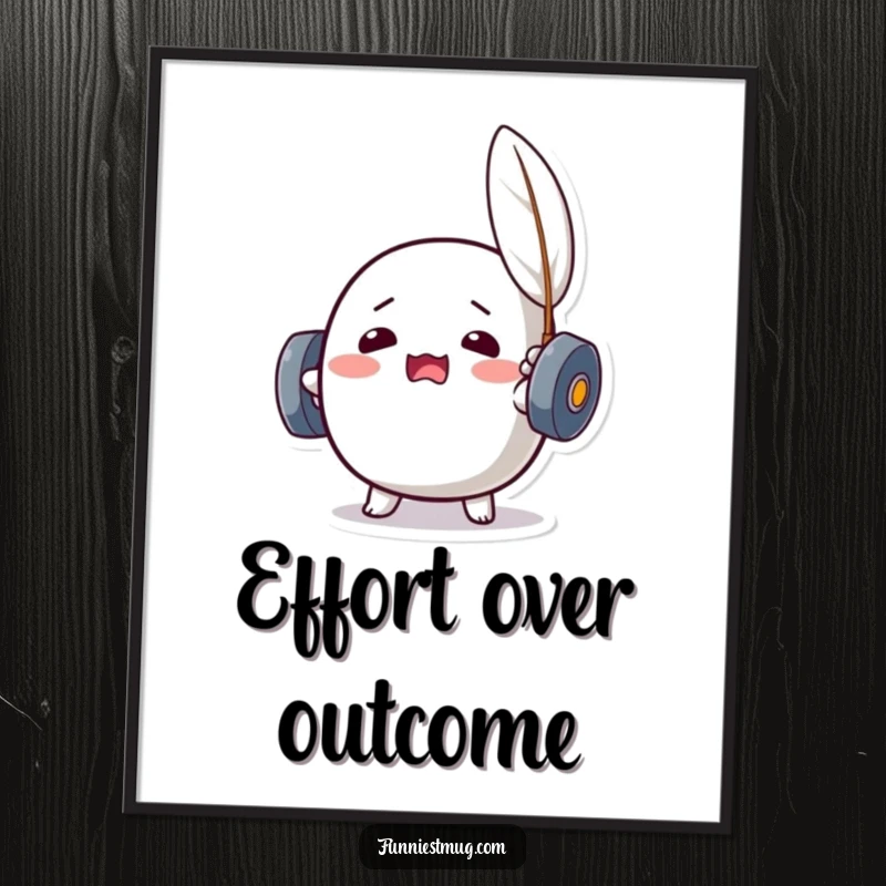 Funny Kawaii dumbbell character straining to lift a feather, presented as humorous and relatable wall art.
