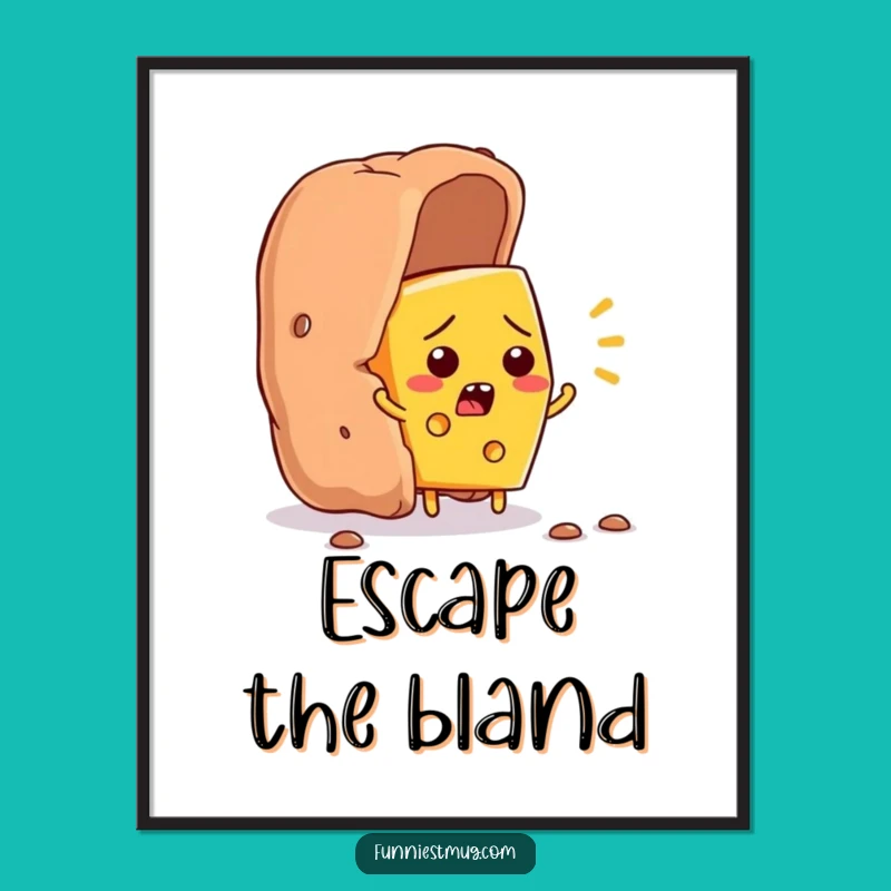 Funny Cheese Escape Poster: Wall Art of Flustered Cheese Fleeting a Cracker