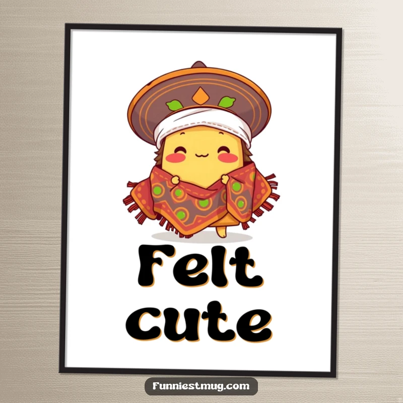Funny proud taco character comically wearing a sombrero as a blanket, Mexican food art print for wall decor.