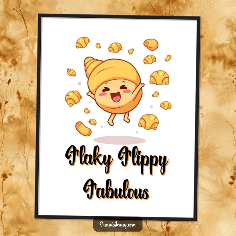Funny poster art of a giggling croissant character in a cartwheel pose, with butter croissants flying around, creating a dynamic and humorous bakery illustration.