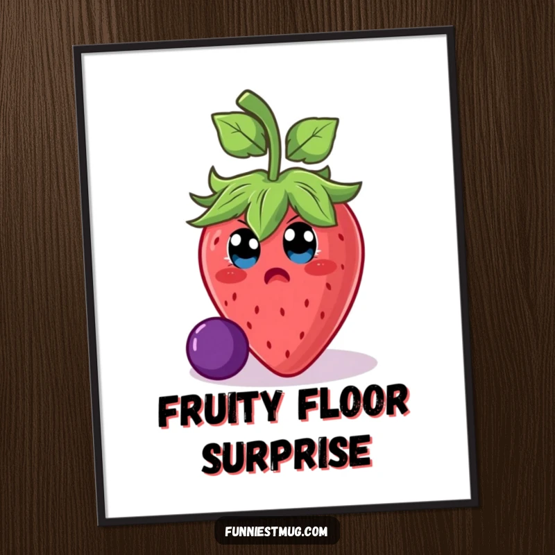 Funny surprised strawberry character slipping on a grape, presented as a humorous digital art print for wall decor as a funny poster.