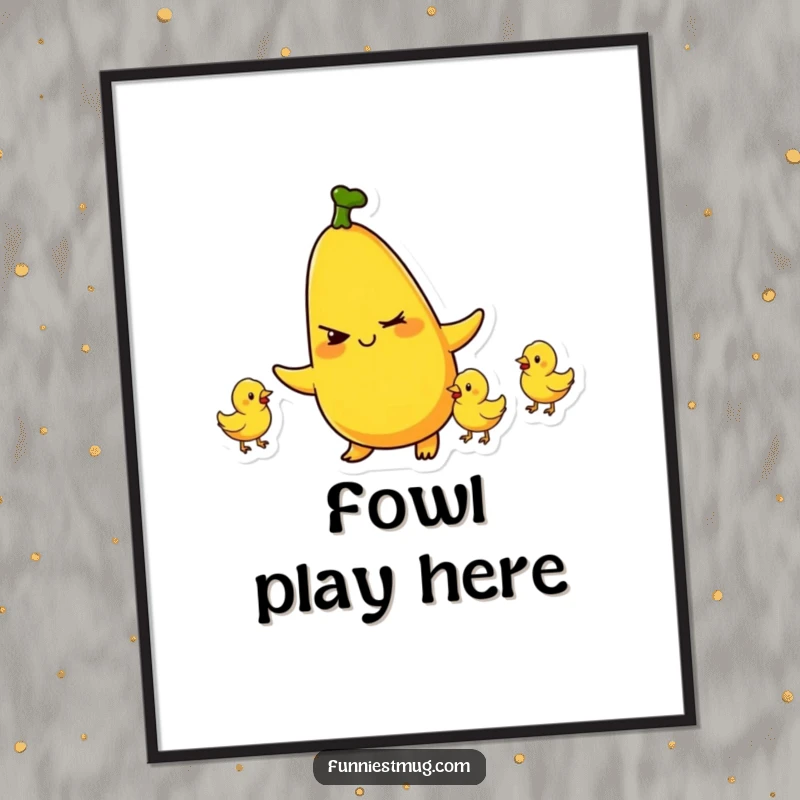Funny poster showing a plump banana character winking and juggling three tiny rubber chickens, a humorous and vibrant scene.
