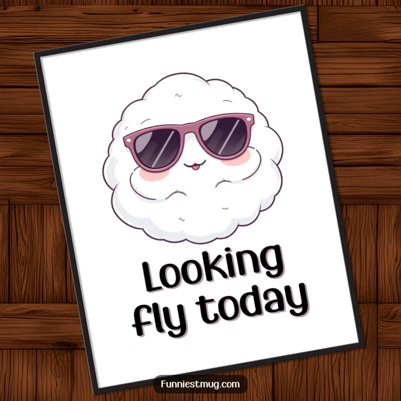 Funny poster art of a cute, fluffy cloud character comically attempting to wear oversized sunglasses, exuding cool vibes.