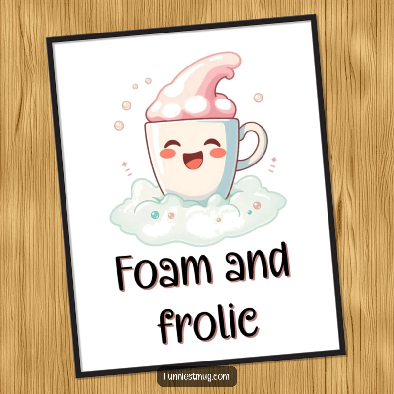 Funny Coffee Bath Spill Poster: A cheerful coffee cup character joyfully spills a vibrant, bubbly foam bath, funny artwork.