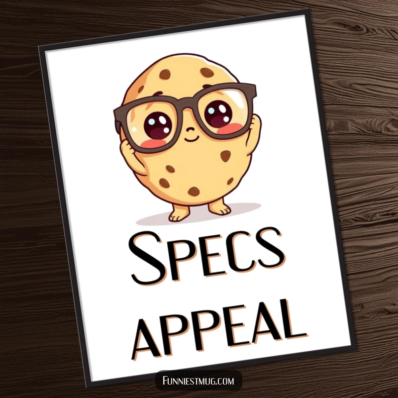 Funny cookie character wearing oversized reading glasses, looking curious, as art.