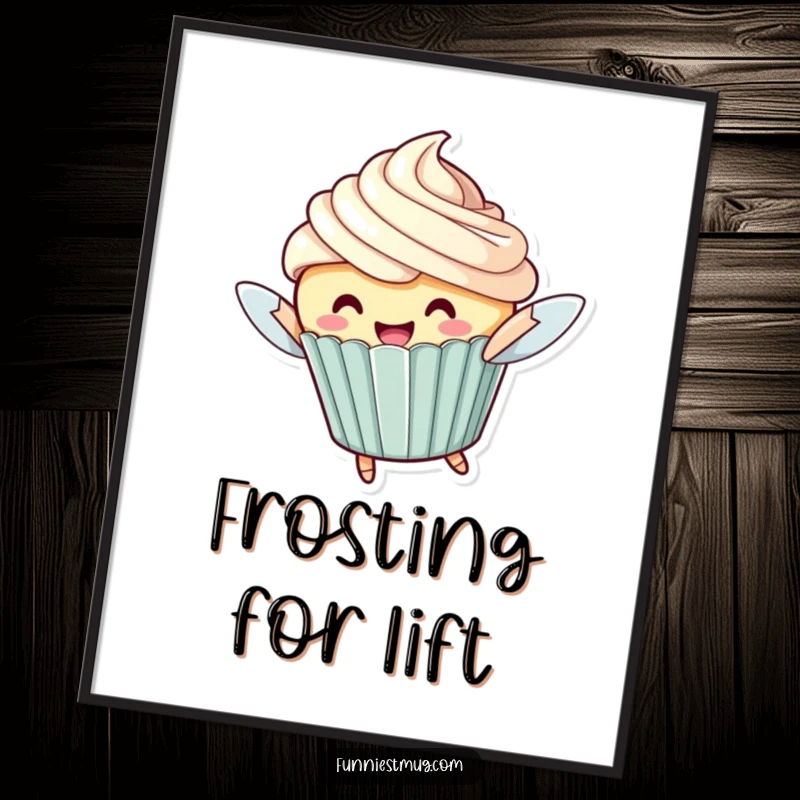 Funny Flying Cupcake Poster: A cheerful cupcake character with oversized frosting attempting to fly, vibrant wall art.