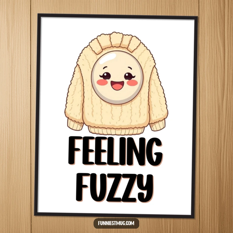 Funny Poster: Exaggeratedly happy button stuck on a giant, fuzzy sweater, bringing cozy humor to wall decor.