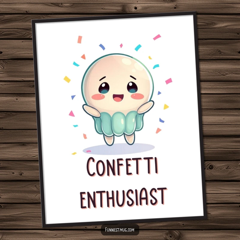 Funny Jelly Joy Poster featuring a wobbly jelly character in bewildered joy, catching falling confetti, perfect for adding cheerful decor.