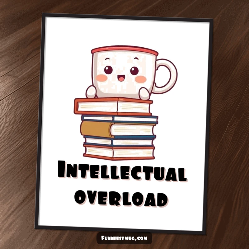 Funny Kawaii poster of a coffee mug character comically trying to balance a huge stack of books, creating a humorous scene.