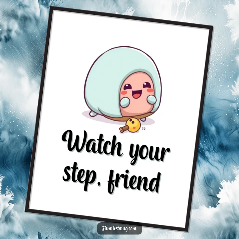 Funny Kawaii house slipper character comically tripping over a toy, presented as humorous and relatable wall art.