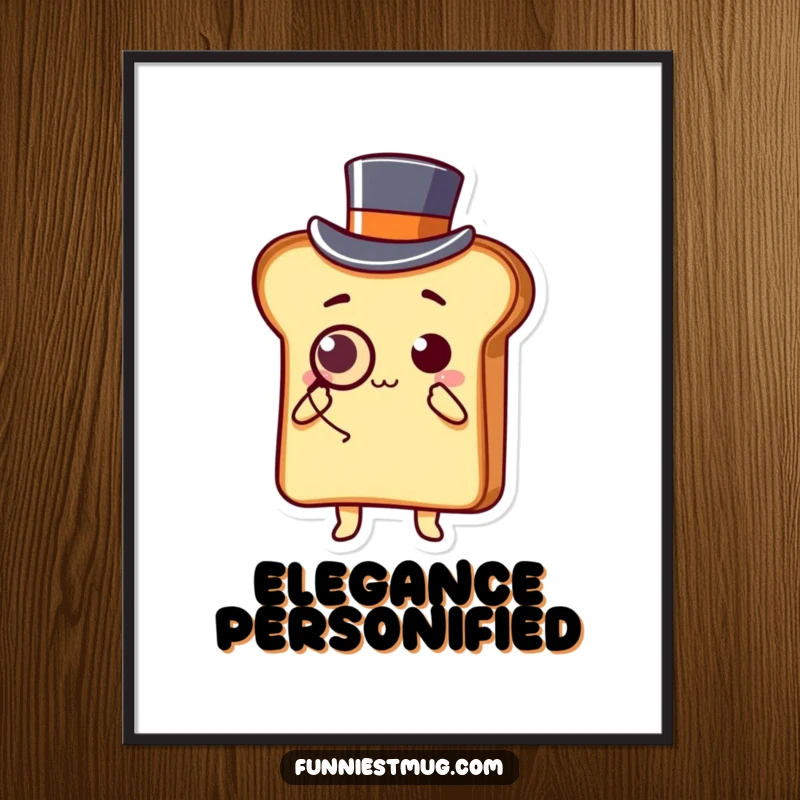 Funny Kawaii poster showcasing a slice of toast character in a top hat and monocle, bowing with flair.