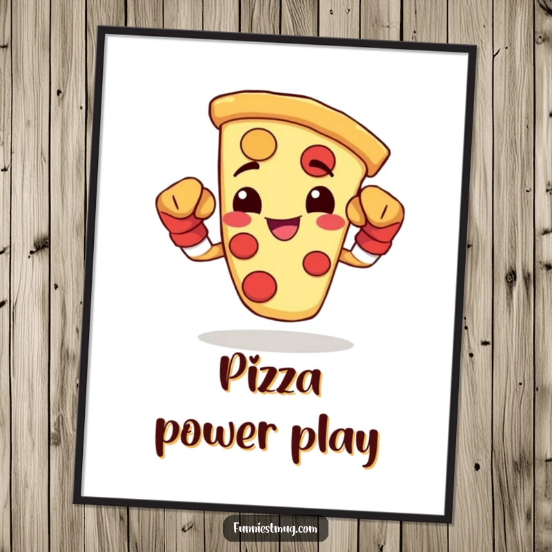 Funny poster of a happy pizza slice wearing tiny boxing gloves and flexing, ready for any culinary battle.