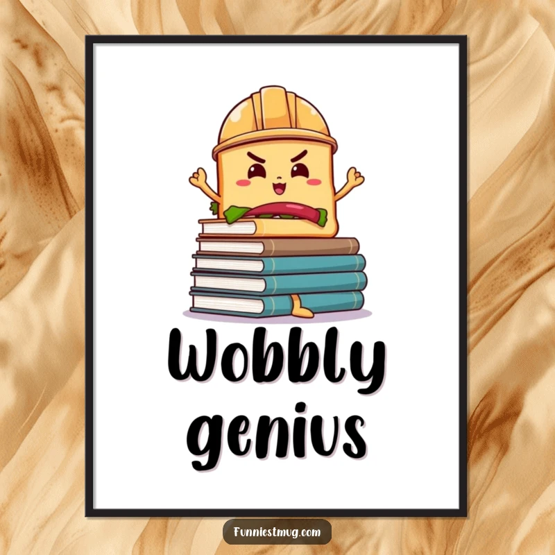 Funny Sandwich Book Balance Poster: A determined sandwich in a hard hat balancing a wobbly stack of books, framed for impact.