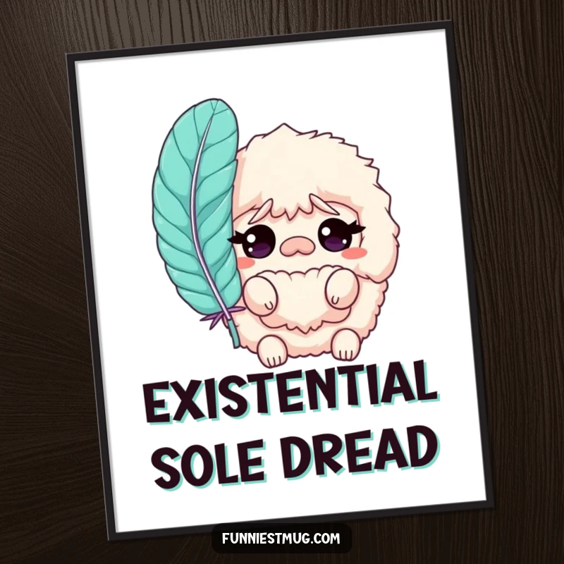 Funny Slipper Poster displaying a fluffy slipper character in a state of amusing confusion, complete with a large feather, perfect for wall decor.