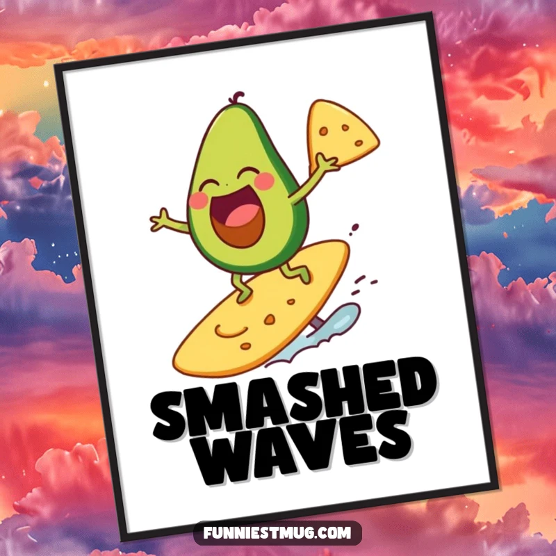 Funny avocado character laughing while surfing on a giant tortilla chip, as art.