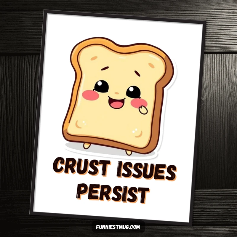 Funny toast slice character in a comical biting pose on a poster, creating a delightful and funny piece of wall art.