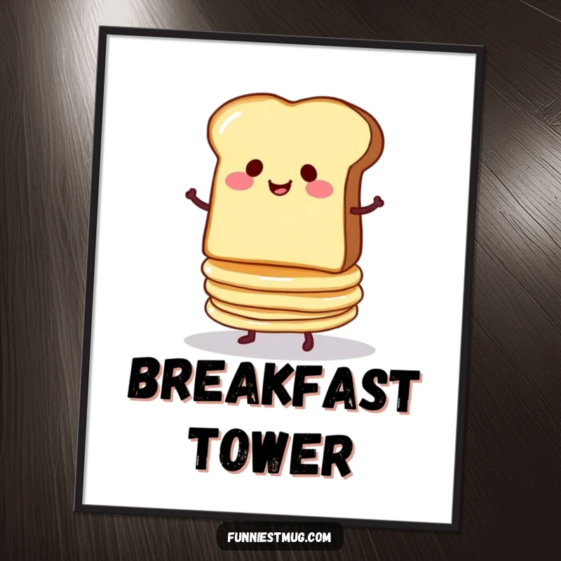 Funny poster showing a smug slice of toast precariously balancing a stack of wobbly pancakes, destined to tumble.