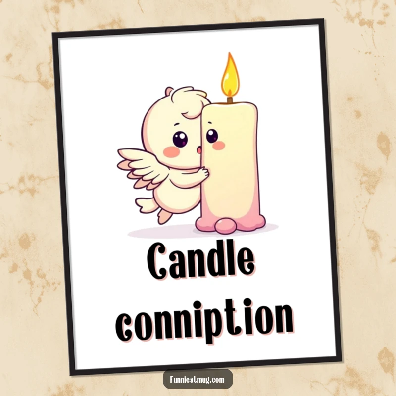 Funny poster print of a playful winged character gently bumping into a giant birthday candle, face filled with surprise.