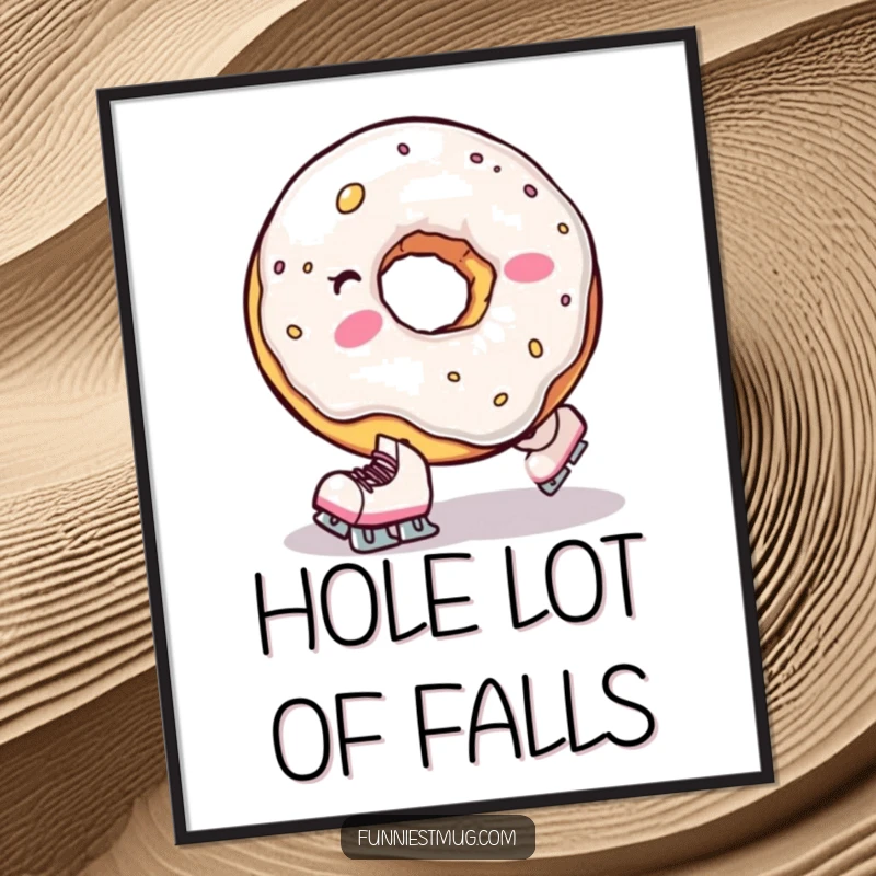 Funny poster print of a clumsy donut hole wearing tiny skates, comically falling, a humorous piece of dessert-themed wall art.