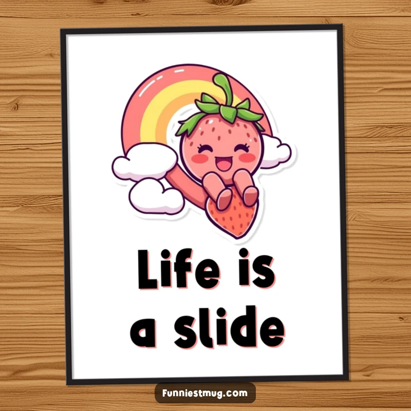 Funny poster showcasing a happy strawberry character dramatically sliding down a colorful rainbow, making a bold statement of pure, whimsical delight.
