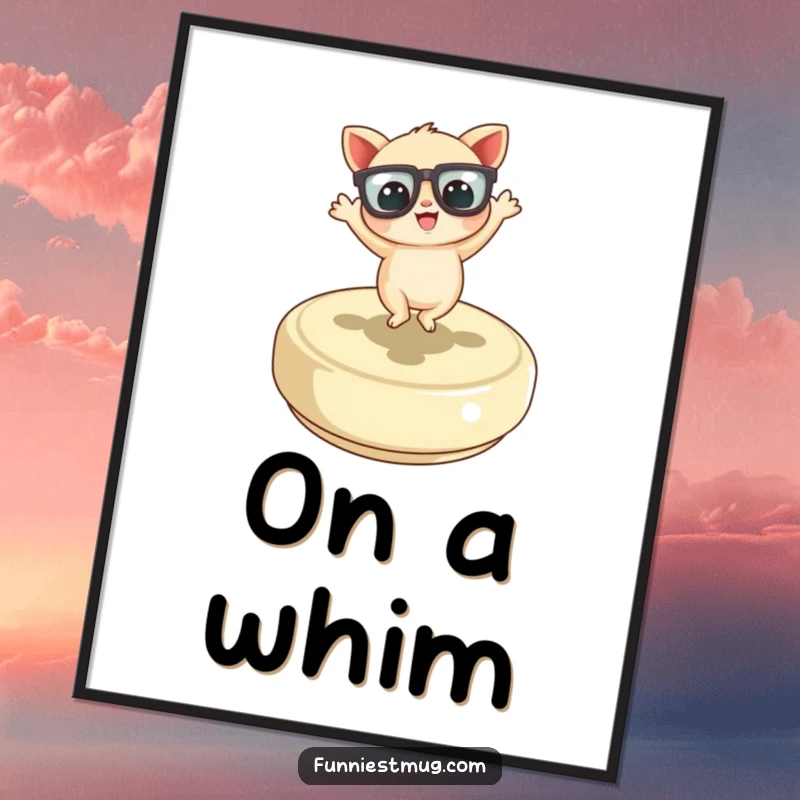 Funny Little Creature Poster print of the character with oversized glasses dancing on a giant button, adding a joyful, funny touch.