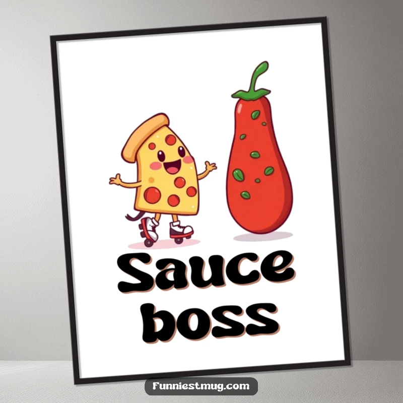 Funny Pizza Roller Skater Poster: A smiling pizza character wobbling on tiny skates towards a large pepperoni, cheerful food art.