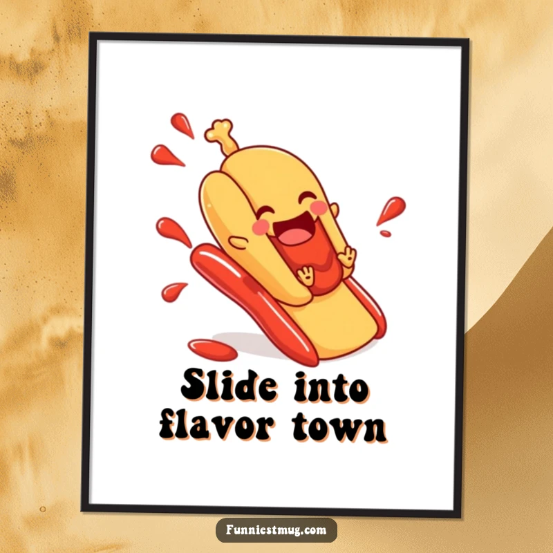 Funny hot dog poster illustrating a joyous hot dog in a bun taking a thrilling ride down a ketchup slide, perfect for humorous wall art.