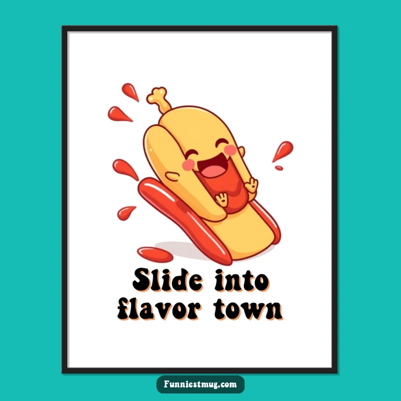 Funny Hot Dog Ketchup Slide Poster - Whimsical Food Art for Your Walls