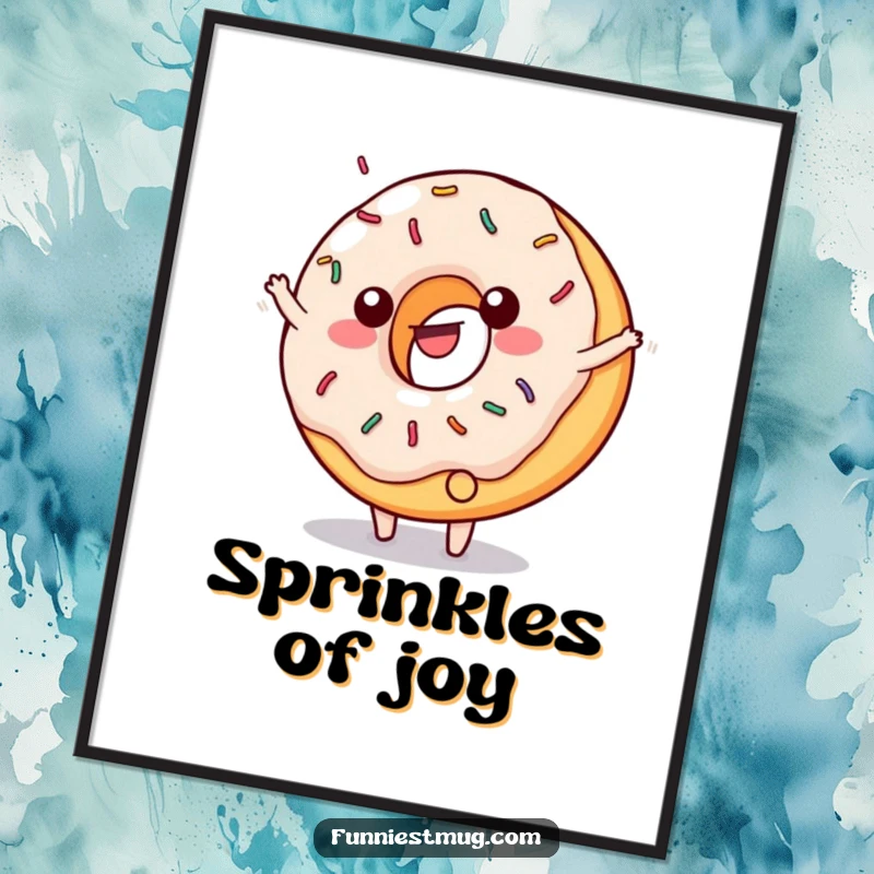 Funny poster artwork of a happy, sprinkled donut doing a cartwheel with frosting flying.