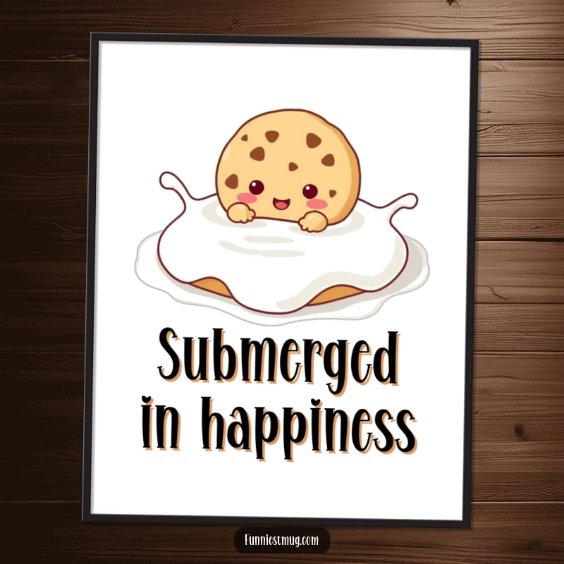 Funny Kawaii cookie character happily submerged in a huge milk puddle, presented as delightful and humorous wall art.