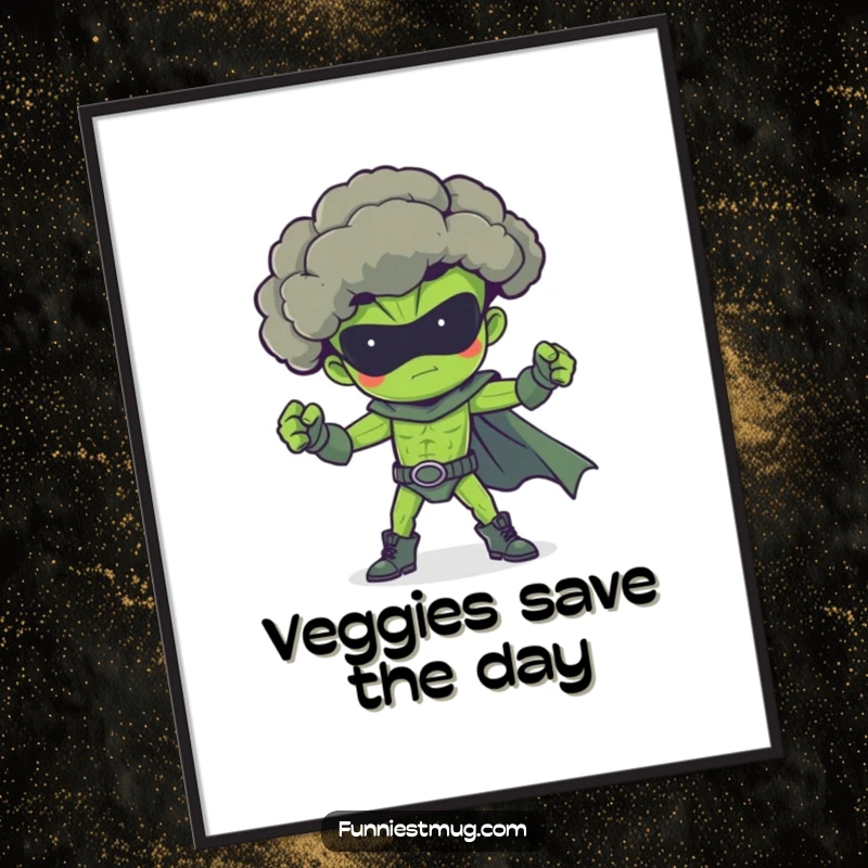 Funny broccoli superhero poster, striking a dramatic, proud pose, a heroic piece of veggie art.