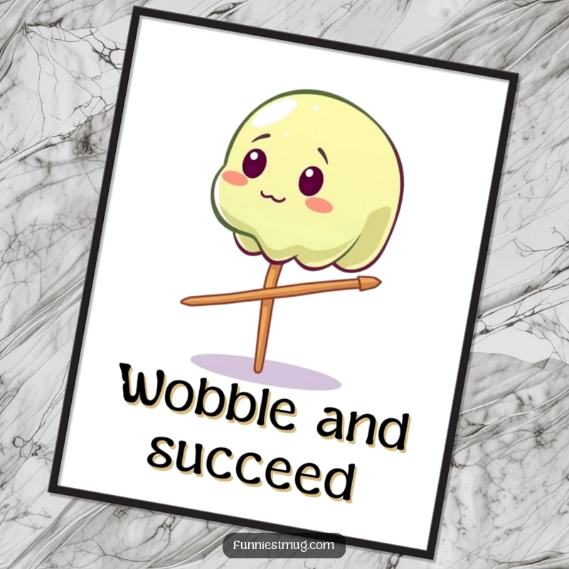 Funny Wobbly Jelly Poster: A wobbly jelly character comically balancing on a toothpick, vibrant wall art.