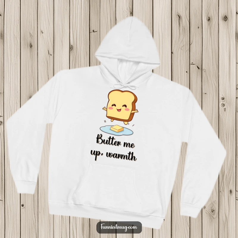 Funny hoodie illustration of a smiling toast character jumping over a small butter puddle, a humorous breakfast moment captured.