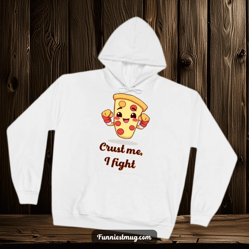 Funny hoodie featuring a happy pizza slice wearing boxing gloves and flexing, perfect for cozy strength.