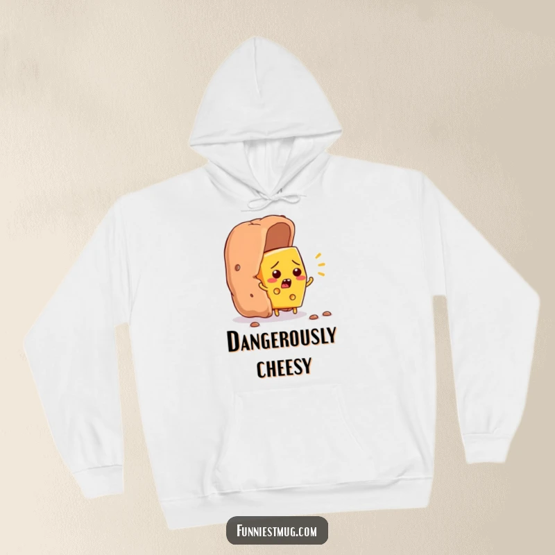 Funny cheese slice character flustered, trying to escape a giant cracker, humorous food art on a cozy hoodie.