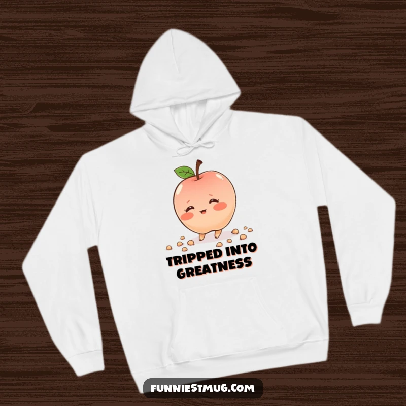Funny shy apple character, blushing deeply, tripping, scattering seeds, cozy hoodie, humorous and sweet, great gift.